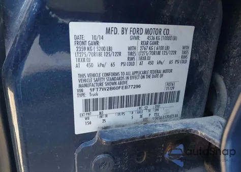 2015 Ford F-250 Xlt from USA, damaged, VIN 1FT7W2B60FEB77296